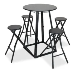 Table de bar haute avec 4 chaises à déplier métal et bois noir Ø105xH170cm