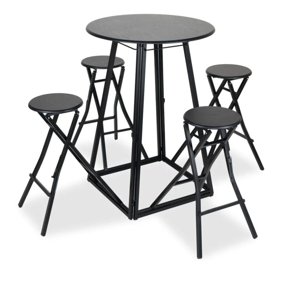 Table de bar haute avec 4 chaises à déplier métal et bois noir Ø105xH170cm