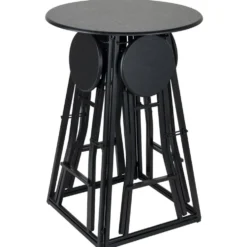 Table de bar haute avec 4 chaises à déplier métal et bois noir Ø105xH170cm