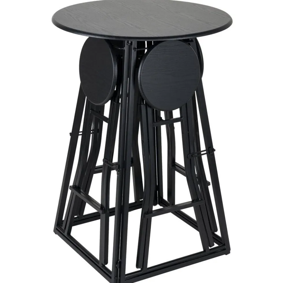 Table de bar haute avec 4 chaises à déplier métal et bois noir Ø105xH170cm
