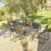 Table de jardin avec chaises x6 Mathis acier verre textilène noir 150x80xH73cm