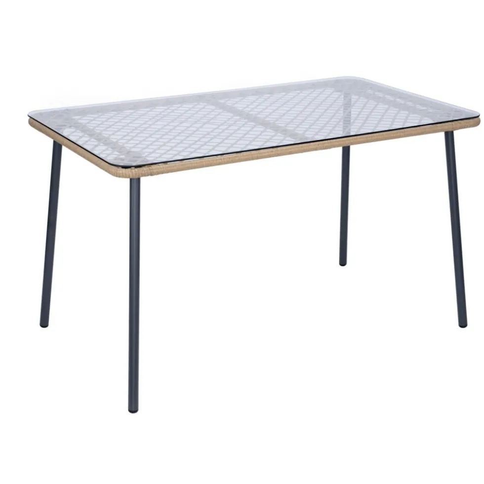 Table de jardin tressé Bali plateau verre trempé 122x70xH70cm