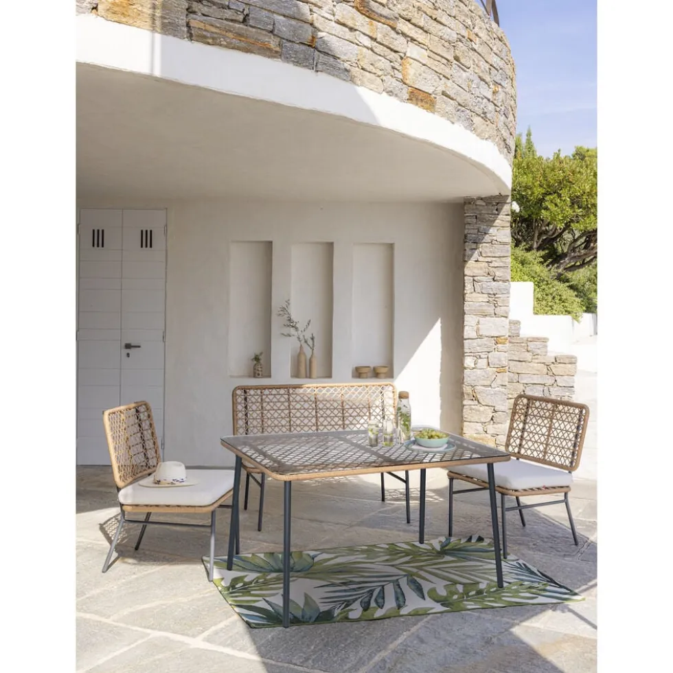 Table de jardin tressé Bali plateau verre trempé 122x70xH70cm