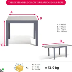 Table extensible Oslow gris ardoise 4 à 8 personnes