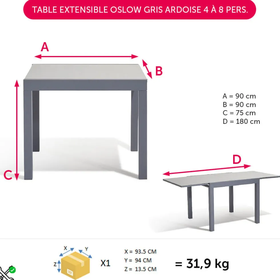 Table extensible Oslow gris ardoise 4 à 8 personnes
