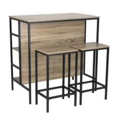 Table haute avec 2 tabourets Luffi métal bois noir et marron 100x60xH100cm