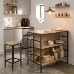Table haute avec 2 tabourets Luffi métal bois noir et marron 100x60xH100cm