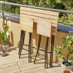 Table haute avec tabourets x2 Balcony pliables bois et métal 80x40xH98cm