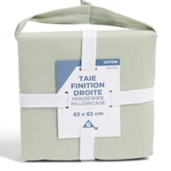 Taie d'oreiller 63x63cm 100% coton finition droite vert céladon