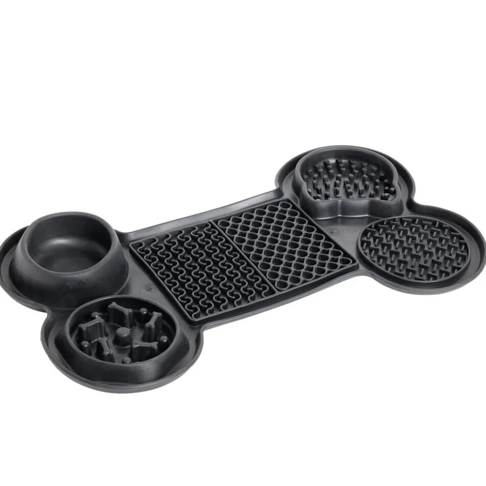 Tapis gamelle chien léchage et anti glouton forme os noir 37,8x22,3xH4cm