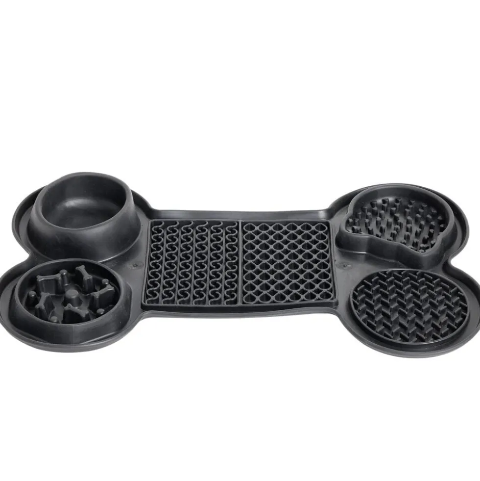Tapis gamelle chien léchage et anti glouton forme os noir 37,8x22,3xH4cm