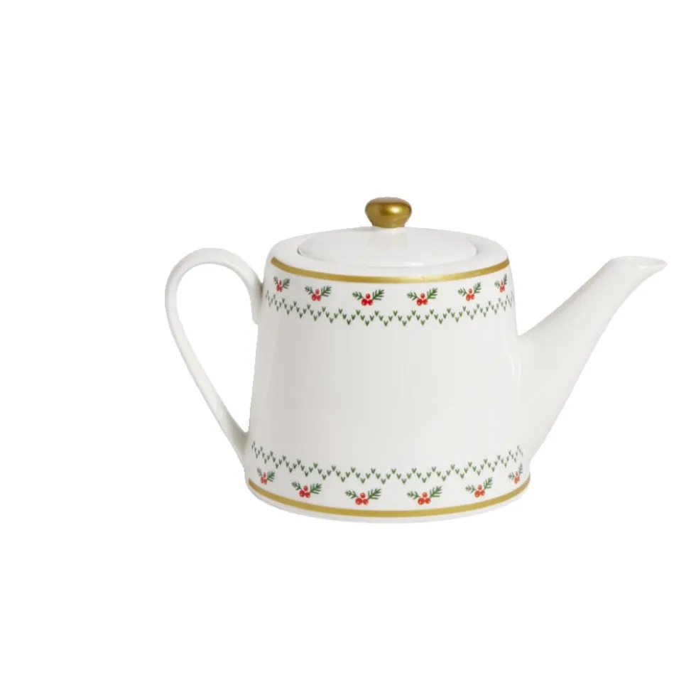 Theière de Noël 1,2L blanche et dorée motifs houx