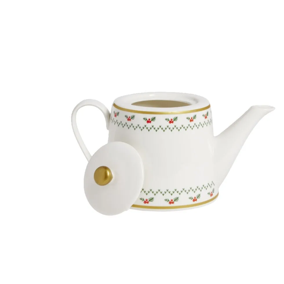 Theière de Noël 1,2L blanche et dorée motifs houx