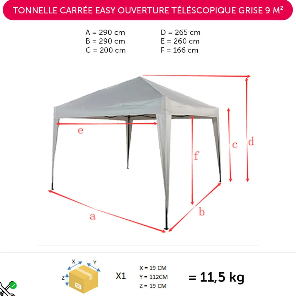 Tonnelle carrée Easy ouverture télescopique grise UPF50+ 290x290xH166-265cm