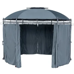 Tonnelle de jardin ronde Mathias 6 pieds métal et tissu gris UPF50+ Ø350xH270cm