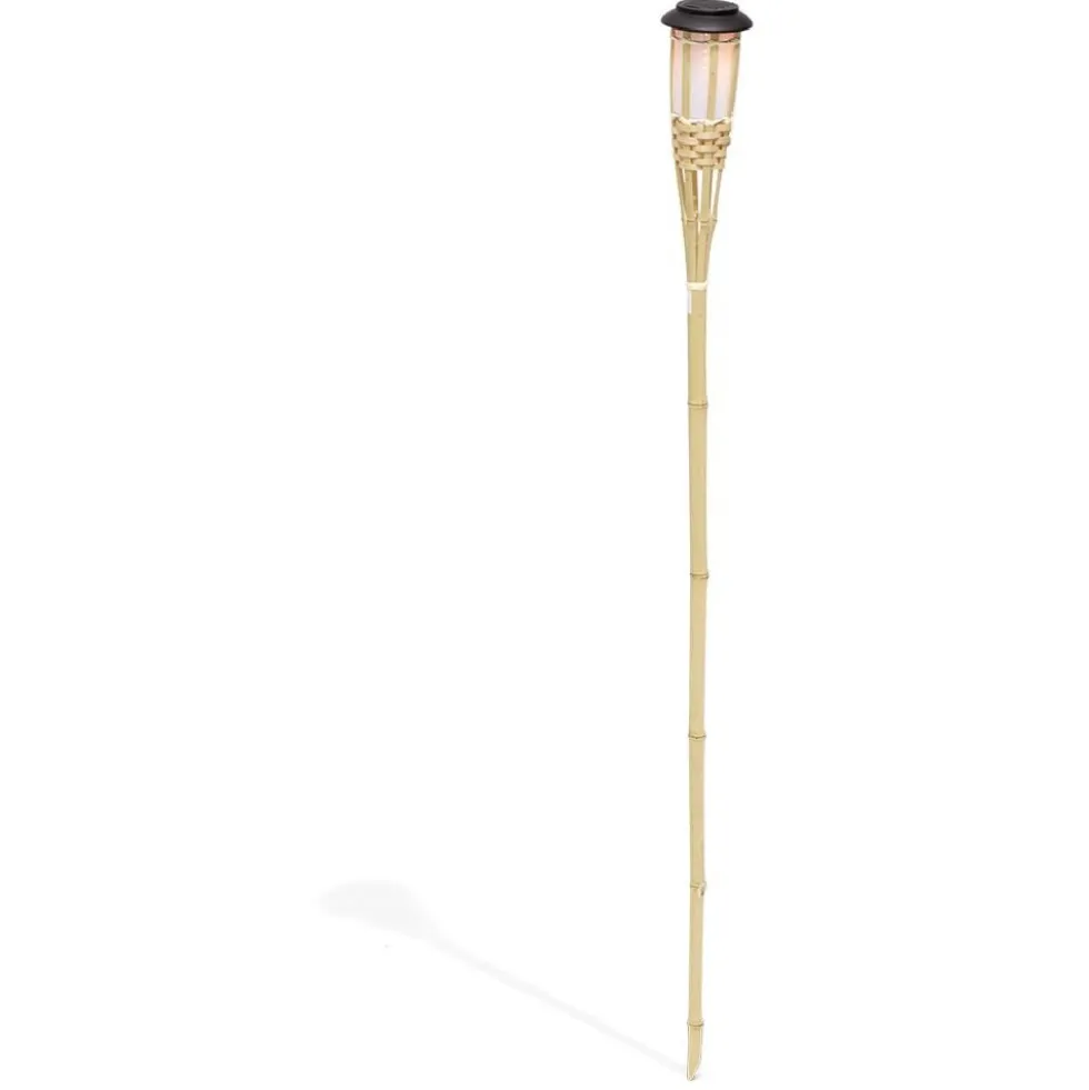 Torche solaire effet flamme 12 LED blanc chaud bambou H120cm