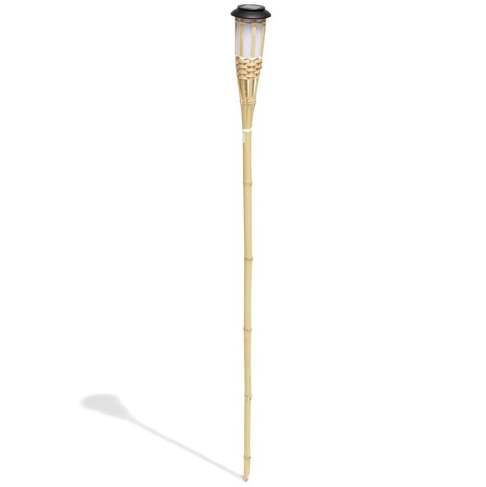 Torche solaire effet flamme 12 LED blanc chaud bambou H120cm