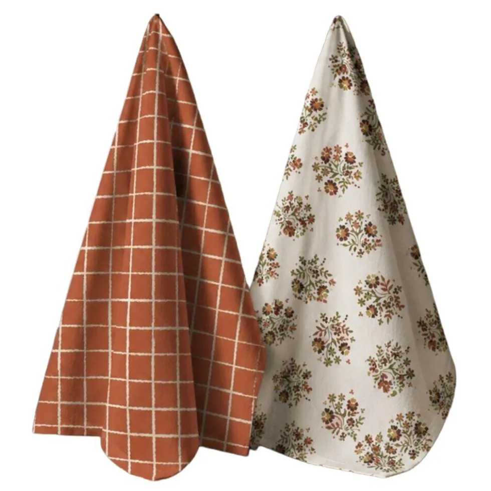 Torchon x2 coton floral et carreaux orange 45x65cm