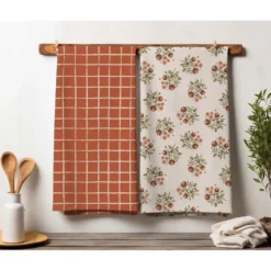 Torchon x2 coton floral et carreaux orange 45x65cm