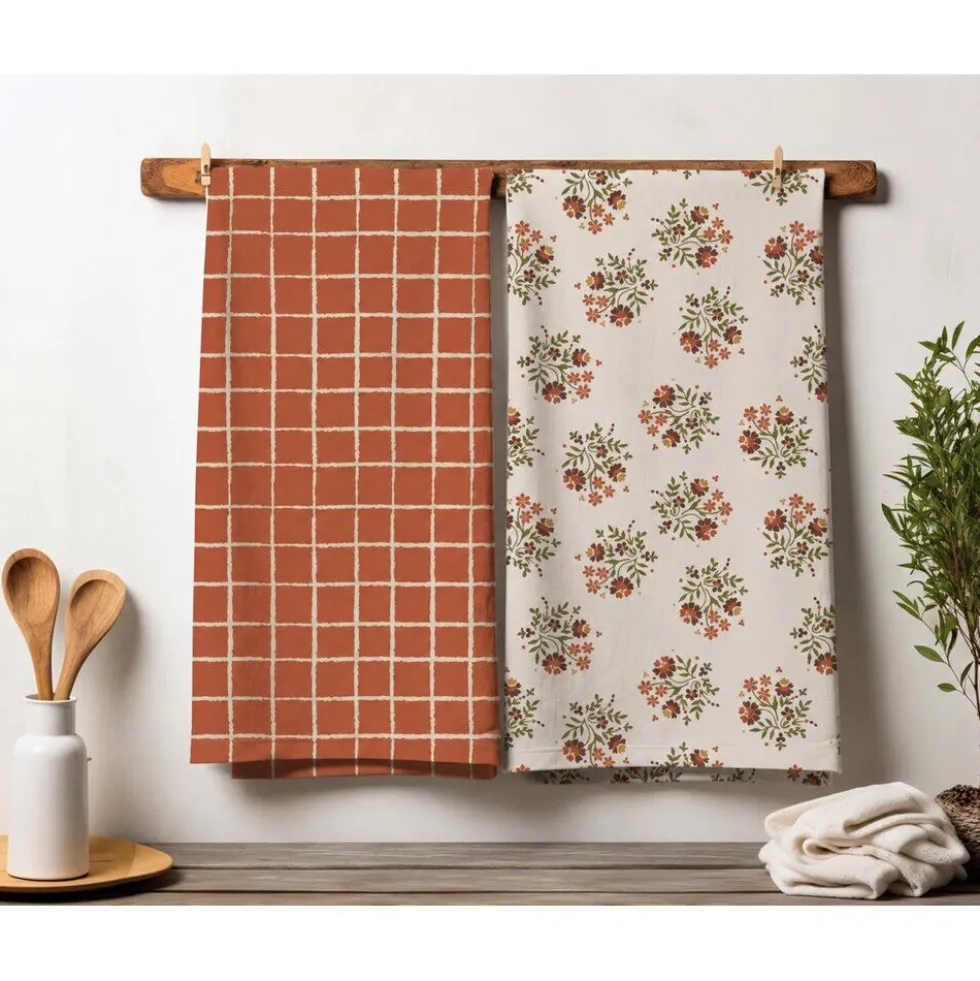 Torchon x2 coton floral et carreaux orange 45x65cm