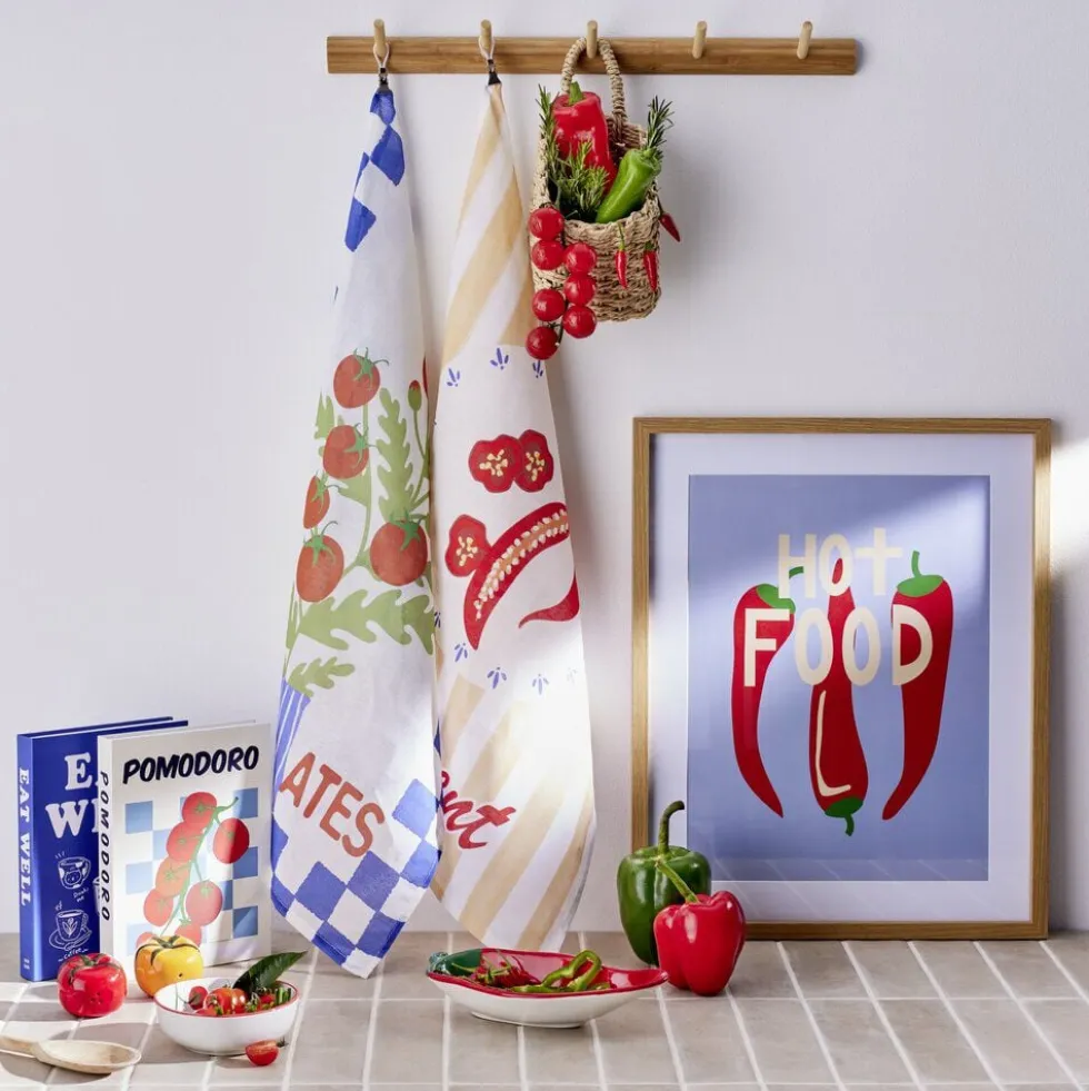 Torchon x2 coton motif tomates et piments 45x65cm