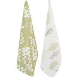 Torchon x2 coton motif végétal blanc et vert sauge 45x65cm