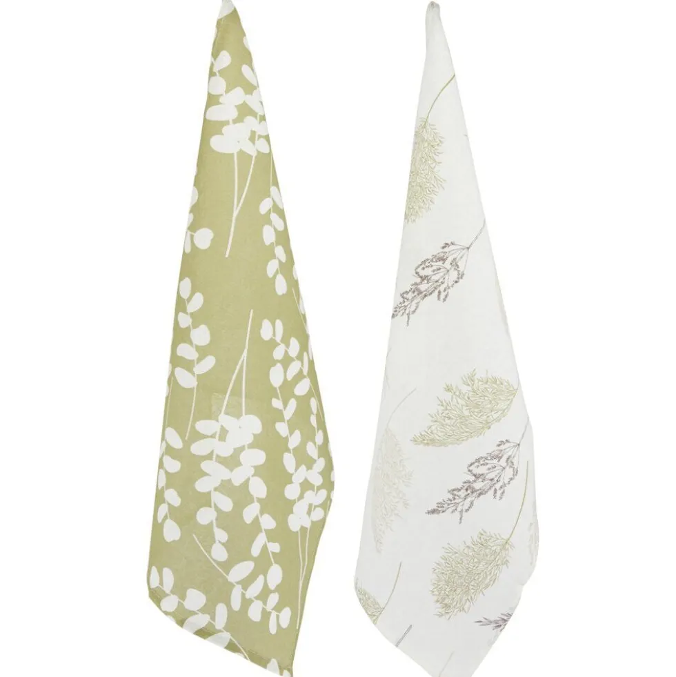 Torchon x2 coton motif végétal blanc et vert sauge 45x65cm