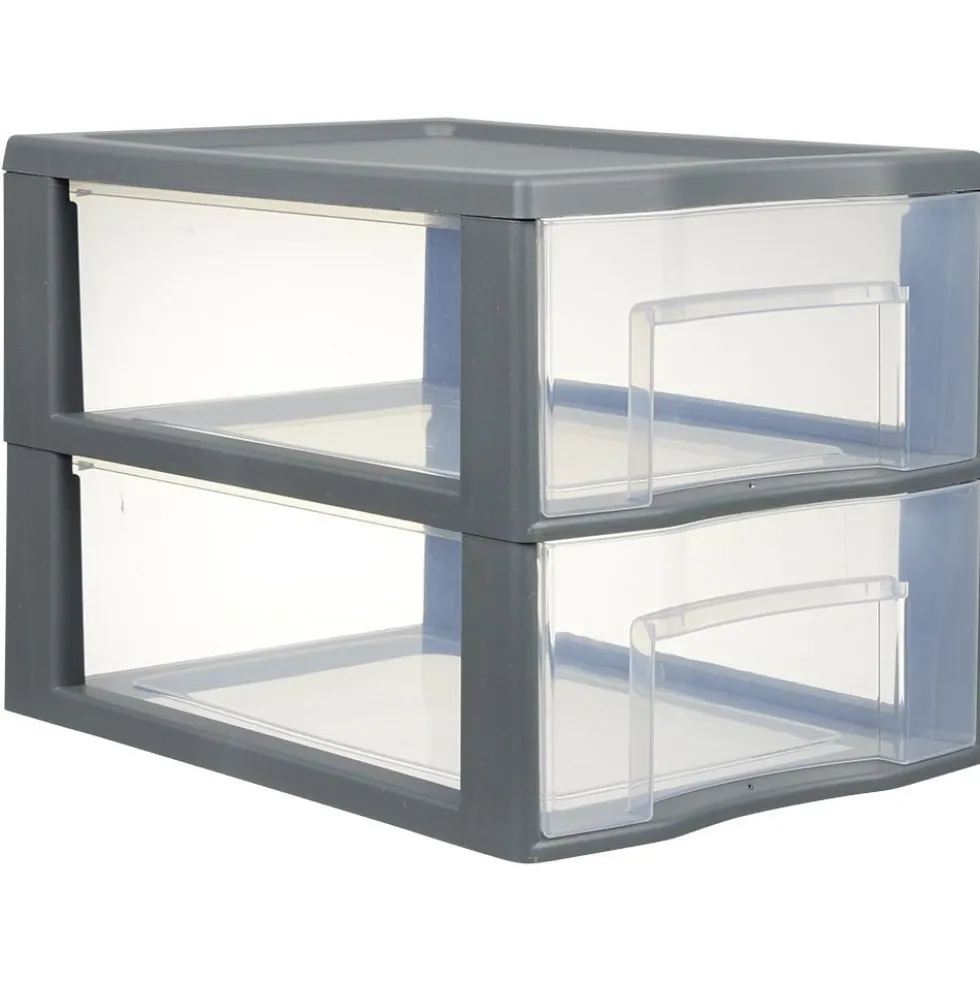 Tour de rangement A4 2 tiroirs grise et transparente 14 L