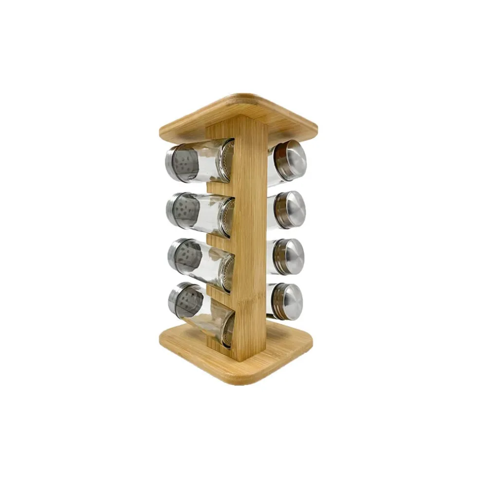 Tour à épices bambou et 8 pots en verre