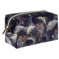 Trousse de toilette bleu marine motif exotique feuillages et tigres 12x10xH9cm
