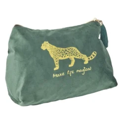Trousse de toilette tissu doux vert émeraude motif léopard 27x10xH19,5cm