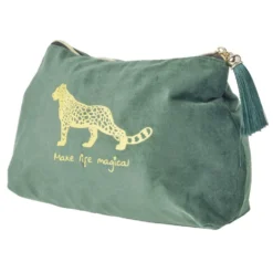 Trousse de toilette tissu doux vert émeraude motif léopard 27x10xH19,5cm