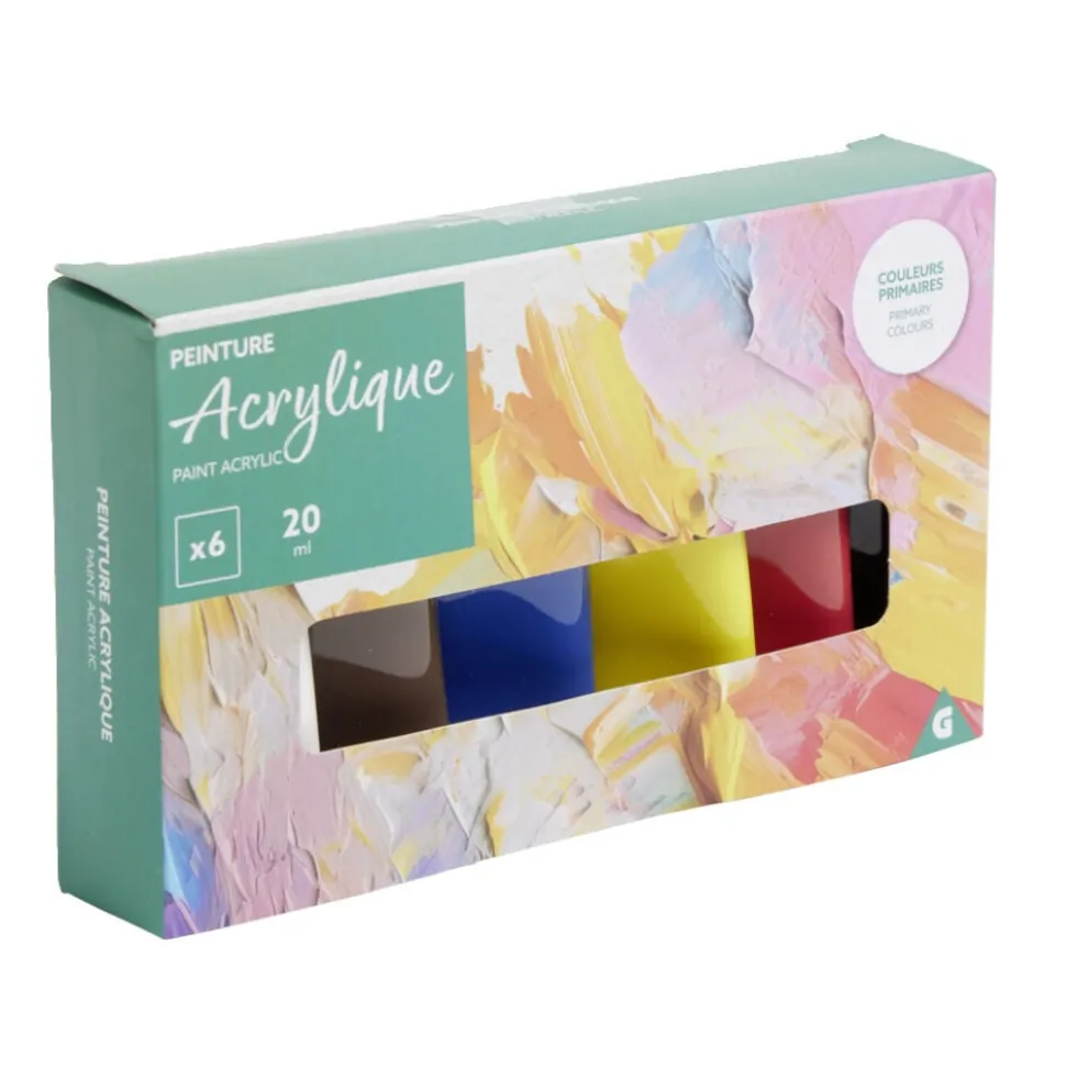 Tubes de peintures acrylique 6 couleurs primaires 6x20ml