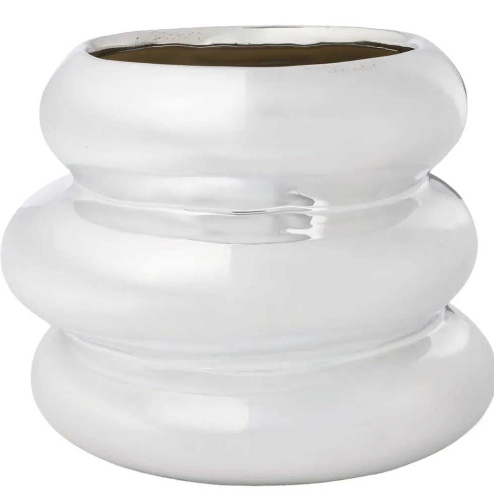Vase bas céramique forme arrondie superposée gris chromé Ø11,5xH12,5cm
