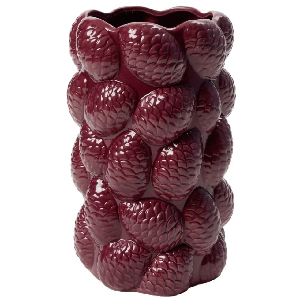 Vase céramique pommes de pin en relief Ø14,5xH22,5cm (2 modèles bordeaux ou blanc)