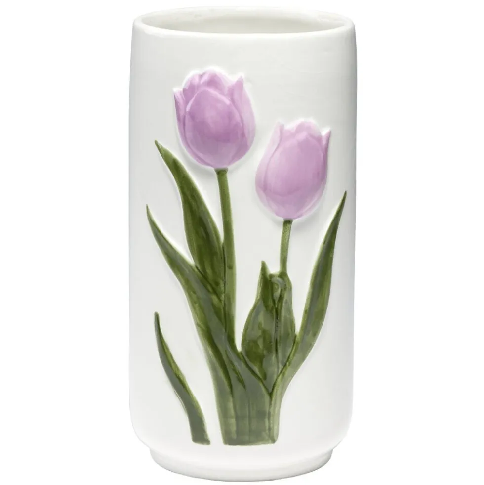Vase en céramique blanc relief tulipe 3D Ø10xH20cm