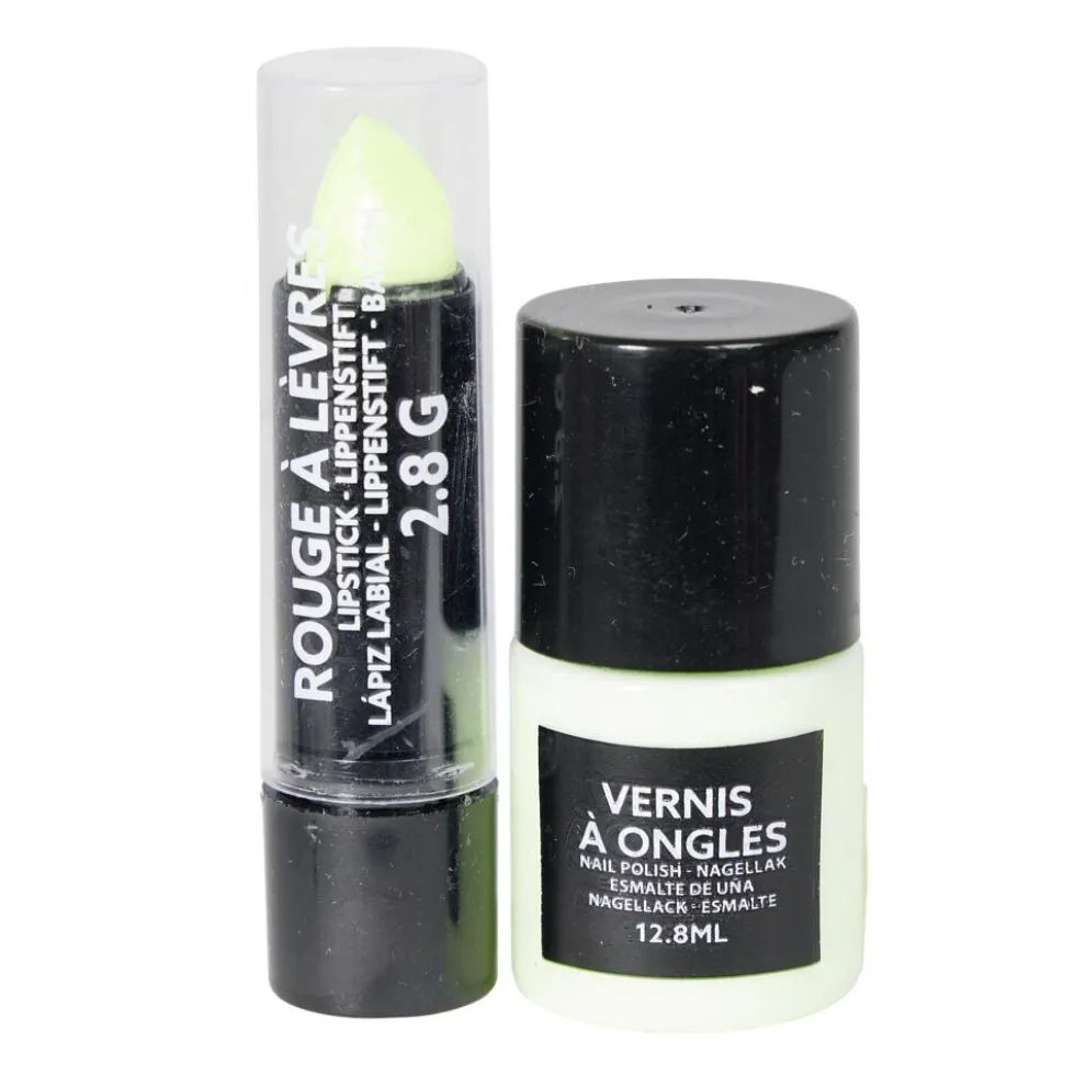 Vernis à ongles et rouge à lèvres phosphorécents verts