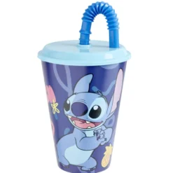 Verre enfant gourde paille Stitch plastique bleu 430ml