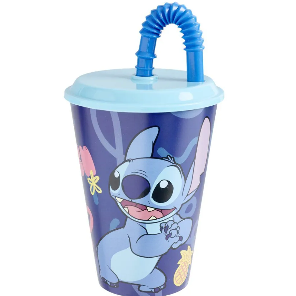 Verre enfant gourde paille Stitch plastique bleu 430ml