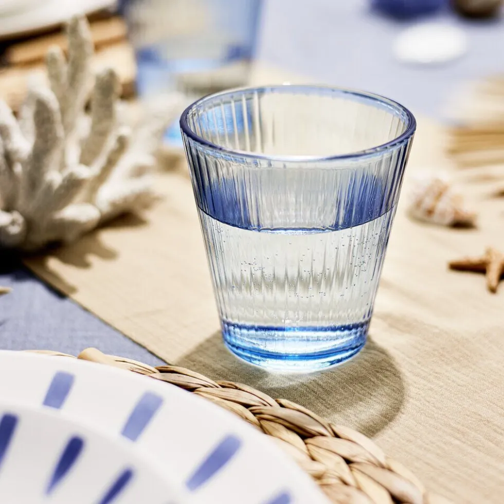 Verre en verre design nervuré bleu Ø9xH9,5cm