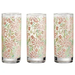 Verre haut x3 en verre transparent motif floral rose et vert 28cl