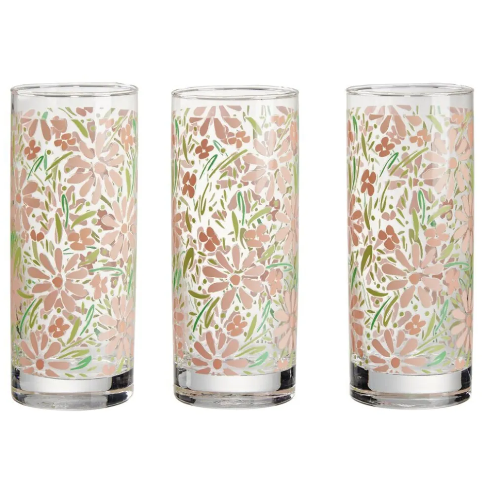 Verre haut x3 en verre transparent motif floral rose et vert 28cl