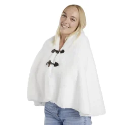 Veste plaid châle moutonné blanc 75x150cm avec boutons à brandebourg