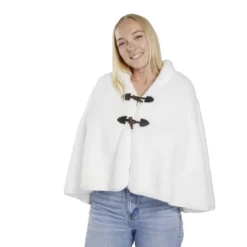 Veste plaid châle moutonné blanc 75x150cm avec boutons à brandebourg