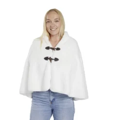 Veste plaid châle moutonné blanc 75x150cm avec boutons à brandebourg