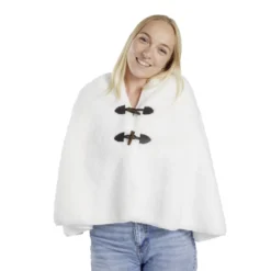 Veste plaid châle moutonné blanc 75x150cm avec boutons à brandebourg
