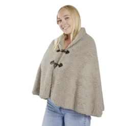 Veste plaid châle moutonné marron 75x150cm avec boutons à brandebourg
