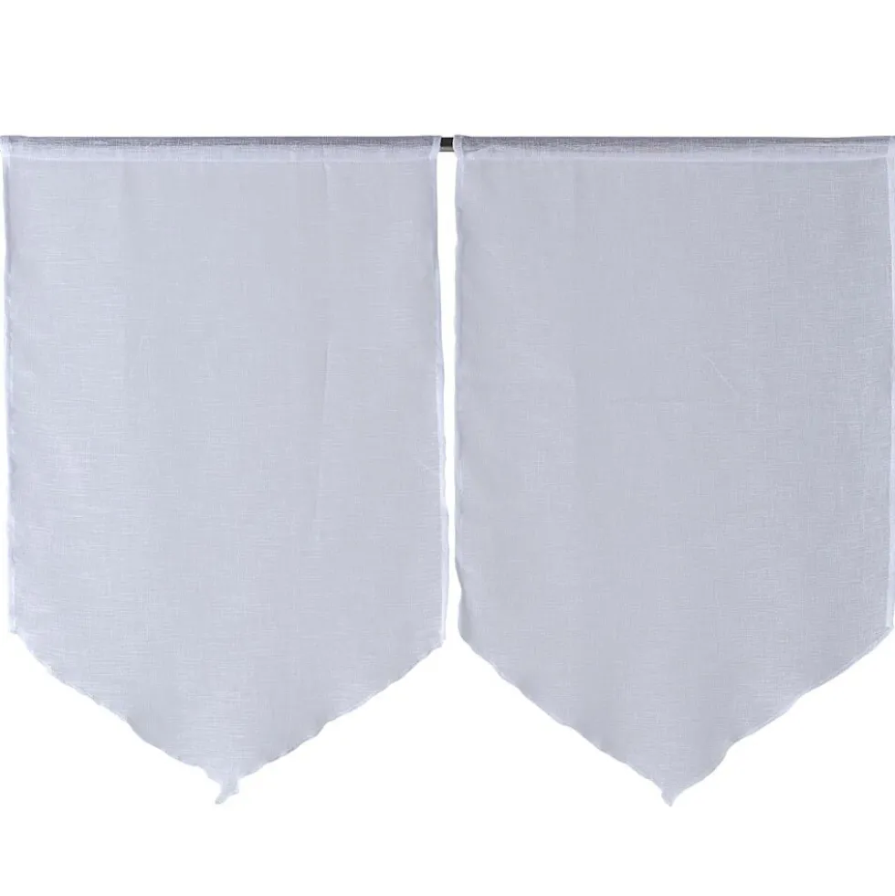 Vitrage passe tringle finition pointe effet lin uni blanc 60x90 cm x2