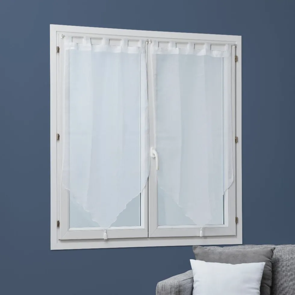 Vitrage passe tringle voile uni blanc pointe pompon 60x120cm x2