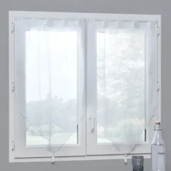 Vitrage passe tringle voile uni blanc pointe pompon 60x120cm x2